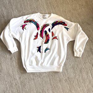 80's Neon Applique White Sweatshirt - Carducci - Size Medium